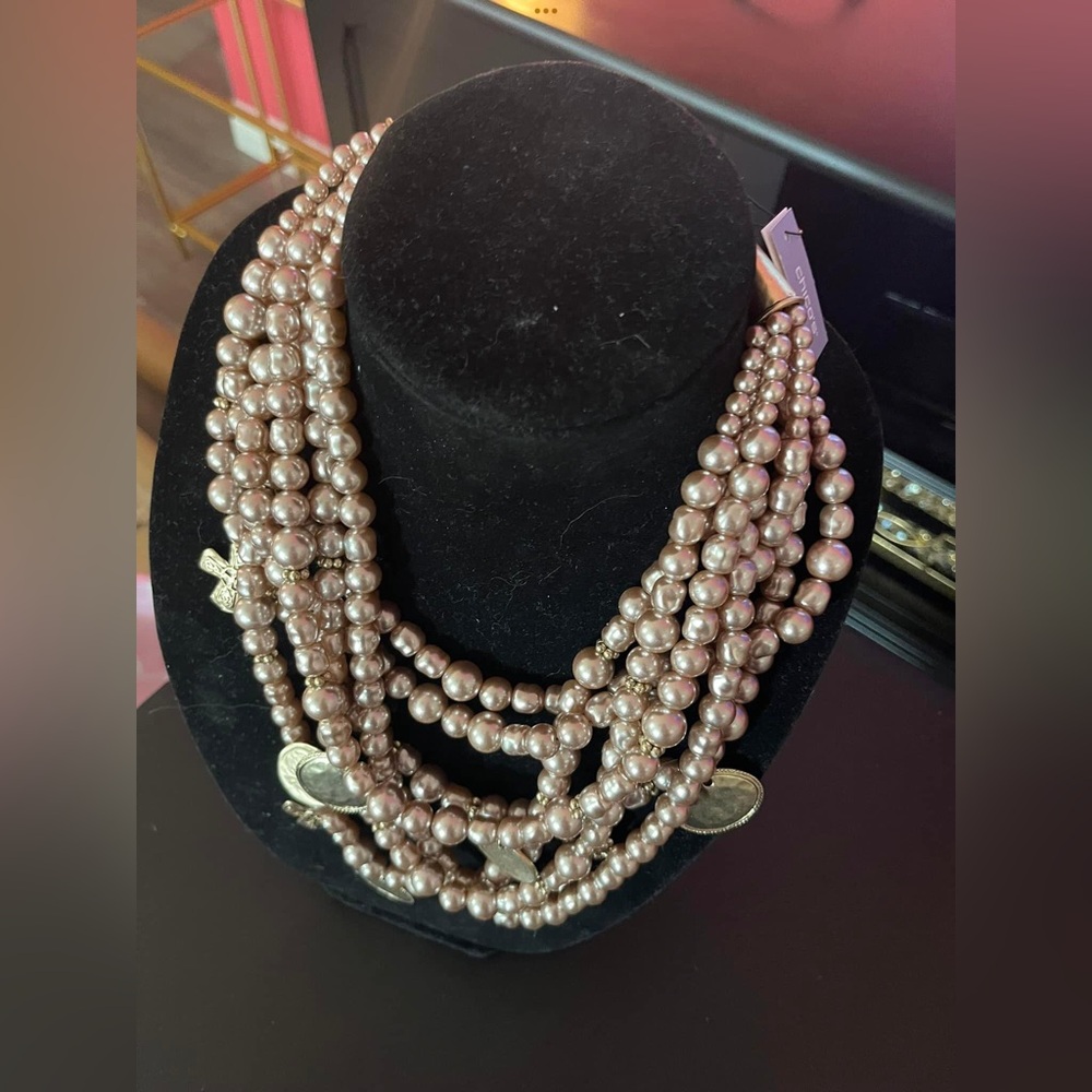 Chicos Rose colored beaded necklace with coins and drop earrings 
NWT